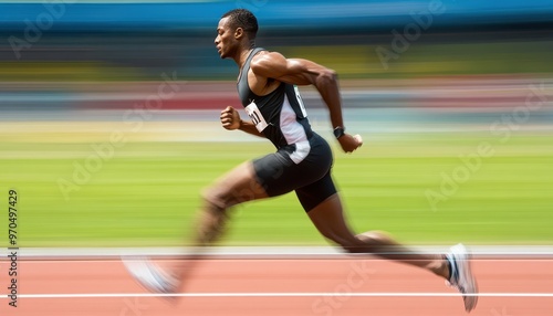 A male athlete running on a track with a blurred background, showcasing speed and determination.