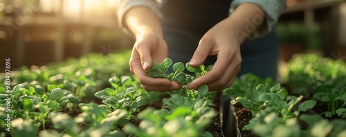 Nurturing hands in a greenhouse with young plants and warm sunlight, illustrating growth, sustainability, and ecofriendly agricultural methods photo