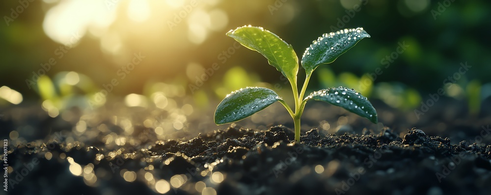 Sundrenched young plant sprouting from rich soil, with glistening water drops, depicting the essence of growth and environmental science Sundrenched young plant sprouting from rich soil, with glistening water drops, depicting the essence of growth and environmental science