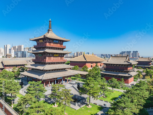 Aerial photography of Huayan Temple in Datong, Shanxi Province on a sunny summer day with blazing clouds