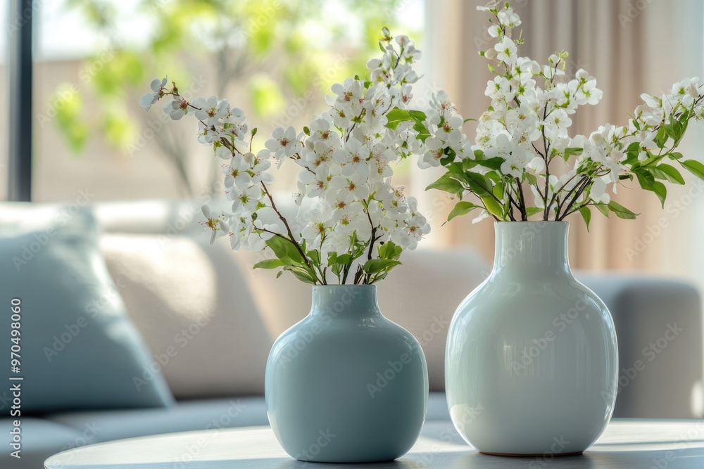 Modern Interior Still Life with Fresh Spring Flowers in White Vase Modern Interior Still Life with Fresh Spring Flowers in White Vase