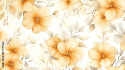 A beautiful design with light orange flowers on a white background. This pattern is perfect for using on fabrics, wallpapers, and other textiles.