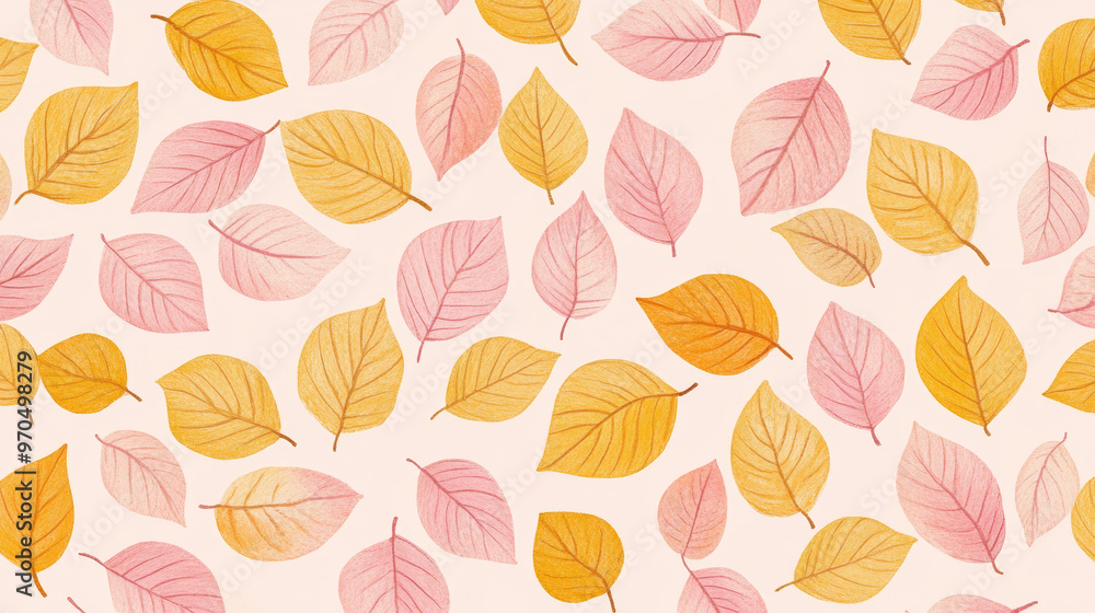 A beautiful pattern with delicate pink and yellow leaves, perfect for wallpaper or fabric. It's a cheerful design with a hand-drawn, whimsical feel. A beautiful pattern with delicate pink and yellow leaves, perfect for wallpaper or fabric. It's a cheerful design with a hand-drawn, whimsical feel.