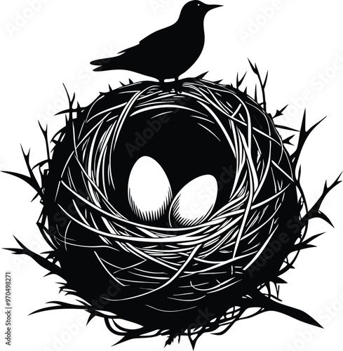 black bird nest with eggs vector illustration silhouette, Print