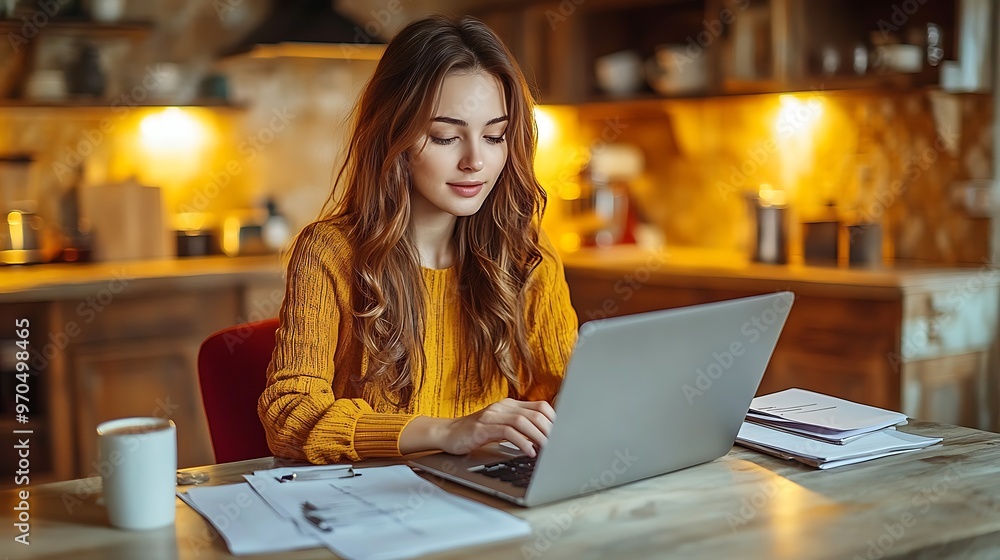 Fototapeta premium A bright kitchen with a woman sitting at the table, typing on her laptop, papers and a coffee cup nearby, the room illuminated by soft natural light,
