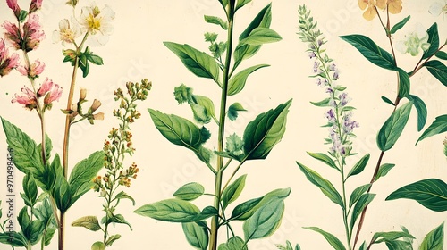 Watercolor Illustration of Various Wildflowers with Green Leaves