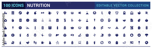 Nutrition icons set. Healthy food and diet vector icons. Solid icon set. Glyph icon for web and ui. Filled icon pack, editable stroke. Vector illustration.