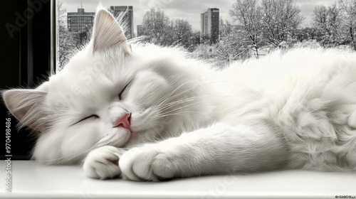 A cozy white cat sleeping peacefully on a windowsill during a snowy winter af...