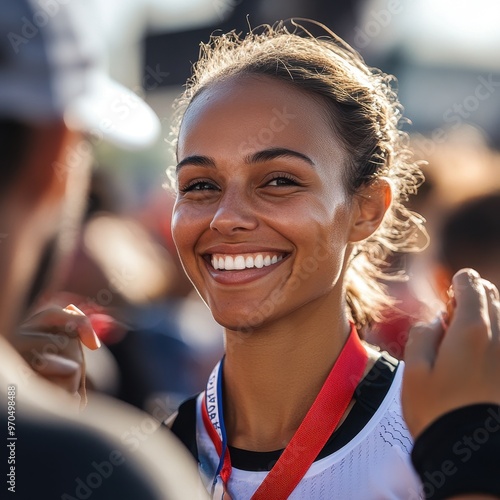 A young woman smiles with pride, holding a medal, after completing a race