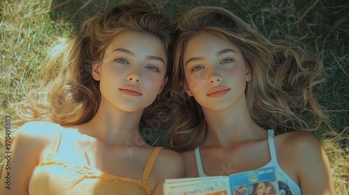 Two friends enjoy reading together on a sunny afternoon in a park surrounded ...