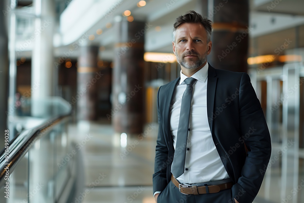Corporate Executive in Formal Wear Posing in Sleek Office Lobby, Portrait Shot, Formal Wear, Office Lobby Corporate Executive in Formal Wear Posing in Sleek Office Lobby, Portrait Shot, Formal Wear, Office Lobby