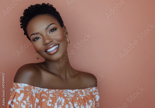 Smiling woman with short curly hair wearing an orange floral top against a wa...