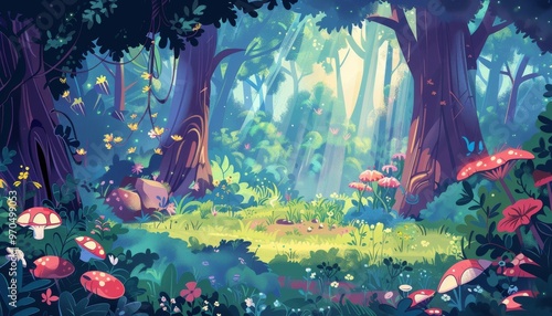 Lush forest. Green forest. Sunny forest. Vibrant forest with flowers. Beautiful forest landscape. Cartoon 2d games illustration background