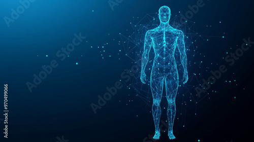 Fototapeta Naklejka Na Ścianę i Meble -  A blue background shows a simplified outline of a man's body made of shapes, dots, and lines. This represents the idea of health and medicine in a digital way.low poly vector illustration.