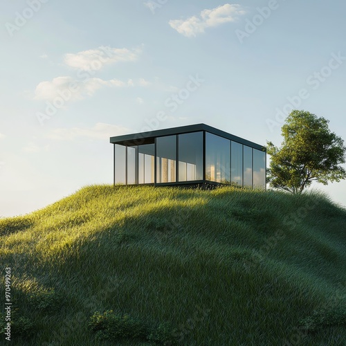 Modern minimalist house on a green hillside during sunset with large glass wi...