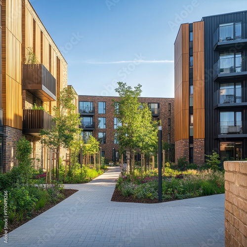 Modern residential architecture in a landscaped urban environment during gold...