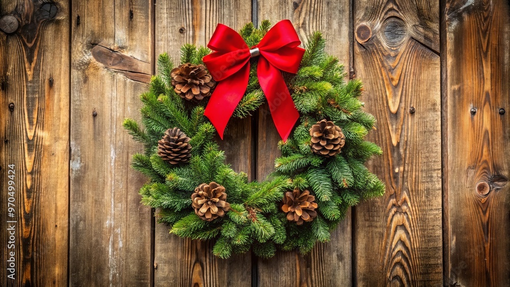 Beautiful Christmas wreath with red bow and pinecones displayed outdoors on a rustic wooden door