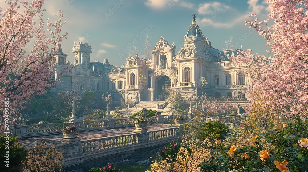 Obraz premium A Majestic Renaissance Castle Stands Proud Amidst Lush Gardens, Bathed in Warm Sunlight and Serene Skies.