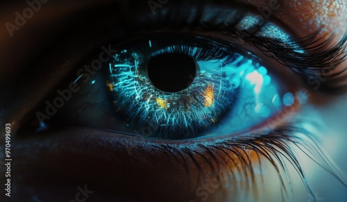 A close-up view of an intricately detailed eye capturing vibrant blue light a...