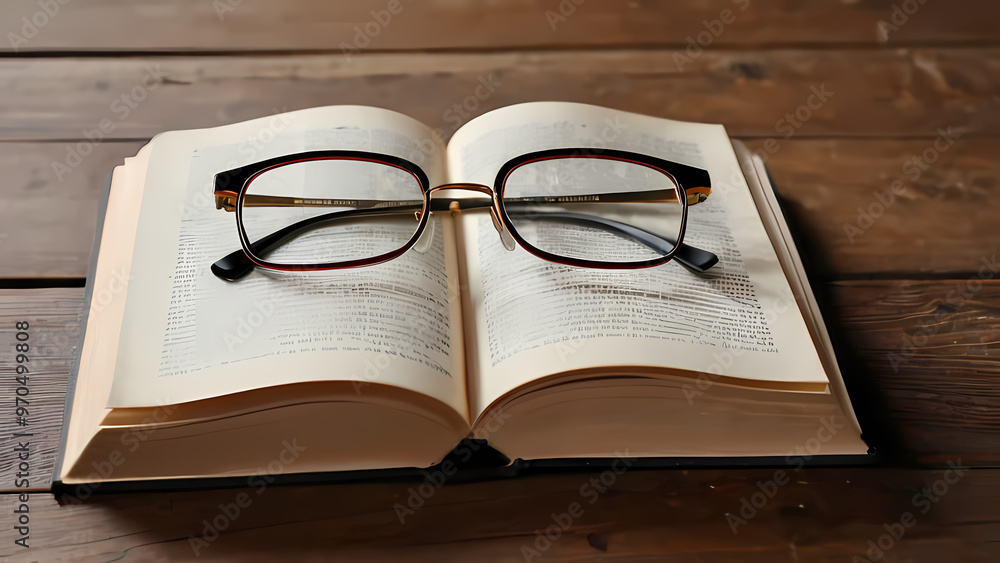 Glasses on a book on a wooden table Glasses on a book on a wooden table
