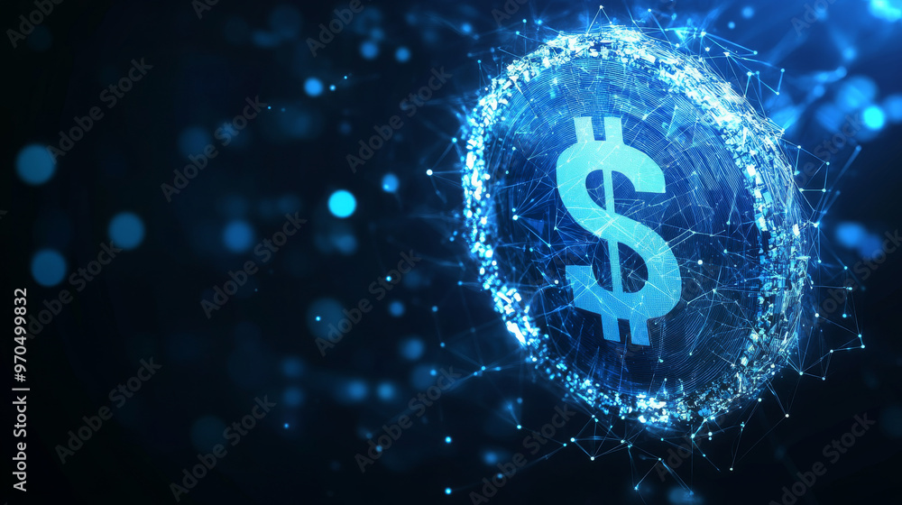 A blue dollar coin is made up of many small, geometric shapes. The coin is moving and its lines connect to create a pattern.low poly vector illustration. A blue dollar coin is made up of many small, geometric shapes. The coin is moving and its lines connect to create a pattern.low poly vector illustration.