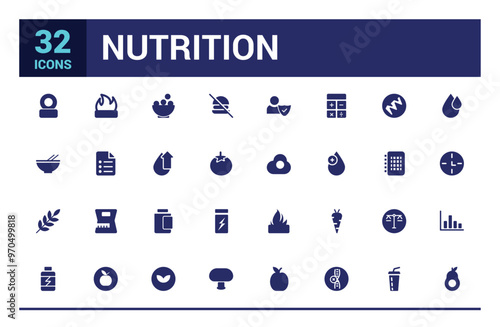Nutrition icons set. Healthy food and diet vector icons. Solid icon set. Glyph icon for web and ui. Filled icon pack, editable stroke. Vector illustration.