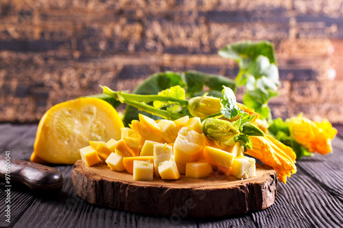 Young yellow patisons with green leaves photo