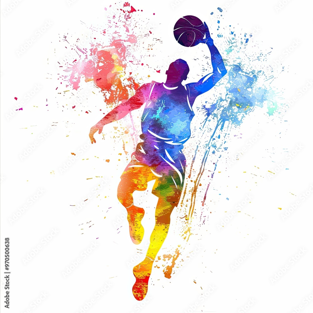 Fototapeta premium watercolor painting of a basketball player, with vibrant splashes of color highlighting the athleticism and movement against a white backdrop.