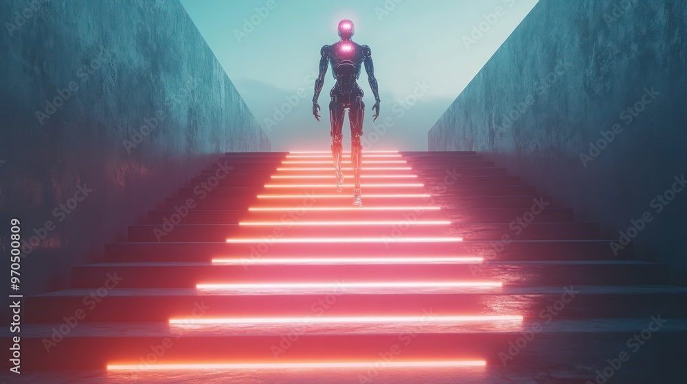 robot or cyborg with AI goes up futuristic stairs in full growth. AI or artificial intelligence learning concept. AI Future technology robot or cyborg with AI goes up futuristic stairs in full growth. AI or artificial intelligence learning concept. AI Future technology