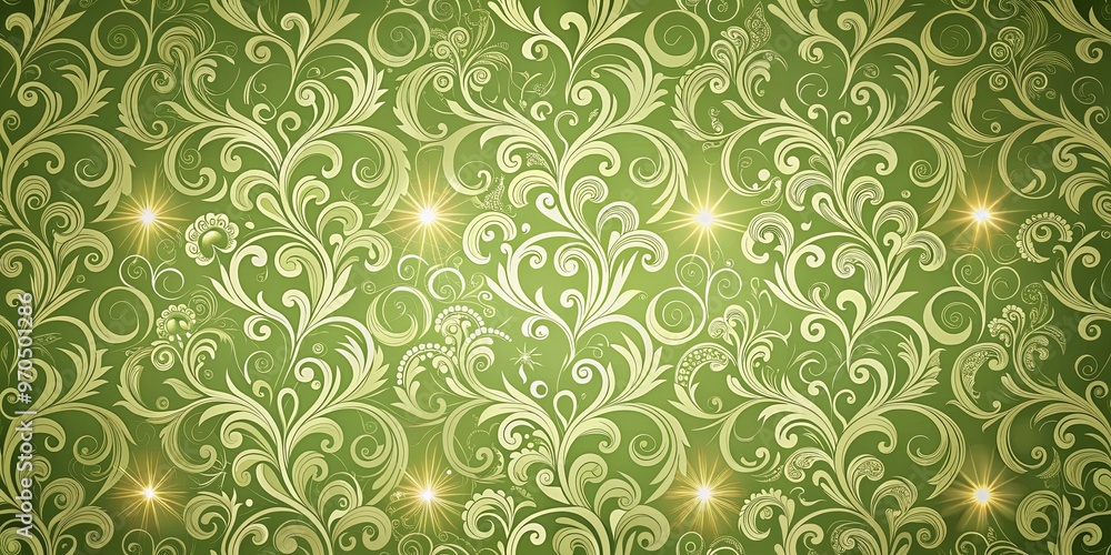Elegantly designed moss green and beige wallpaper with swirling patterns and glowing accents Elegantly designed moss green and beige wallpaper with swirling patterns and glowing accents
