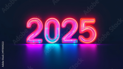 A bright, neon "2025" in a retro, futuristic style. The number is designed for technology and looks like an electronic display. It's perfect for celebrating the new year in a modern, tech-inspired way