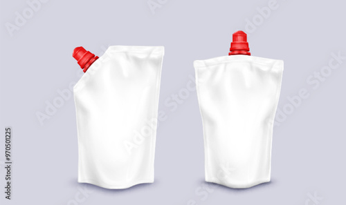 White doypack blank mockup with red cap for sauce and liquid detergent. Realistic 3d vector illustration set of plastic bottle package template. flexible pouch for cosmetic or food products.