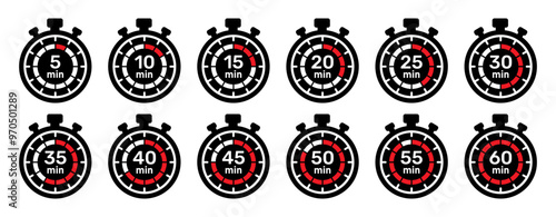 Minutes and second timer stopwatch icon collection with 0 min to 60 min. 5-minute time counter concept set of stopwatches, timer. New logotype clocks in black and red color- Vector Illustration