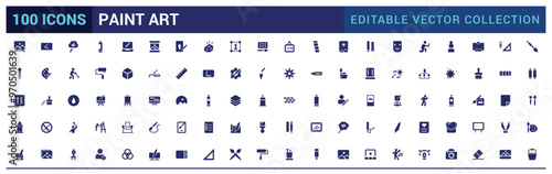 Paint art tools solid icons set. Contains as pencil, pen, brush. Filled icon pack. Solid icon collection. Glyph icon  for web and ui. Editable stroke.