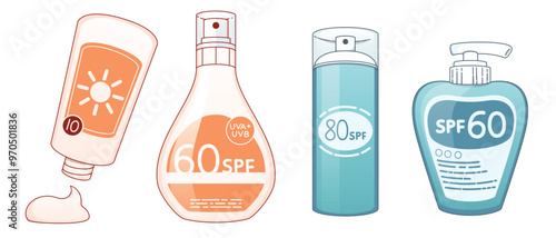 Sunscreen bottles line drawing set isolated on white background. Vector illustration of sunblock lotion tube, spray, dispenser containers with plastic caps, summer beach cosmetics, skin care product