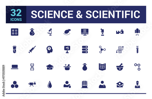 Science and scientific icon set. Minimal filled web icon set. Solid icon collection. Glyph icons for web and ui. Editable stroke. Vector illustration.