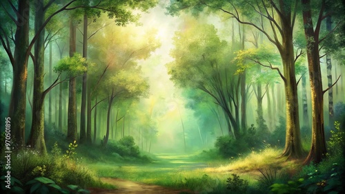 Tranquil forest scene with soft green and brown brush strokes