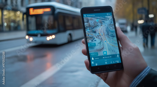 A businessman uses his smartphone to track a bus on a map app. The app shows him the bus's location in real-time. This is a futuristic idea for a smart bus system. photo