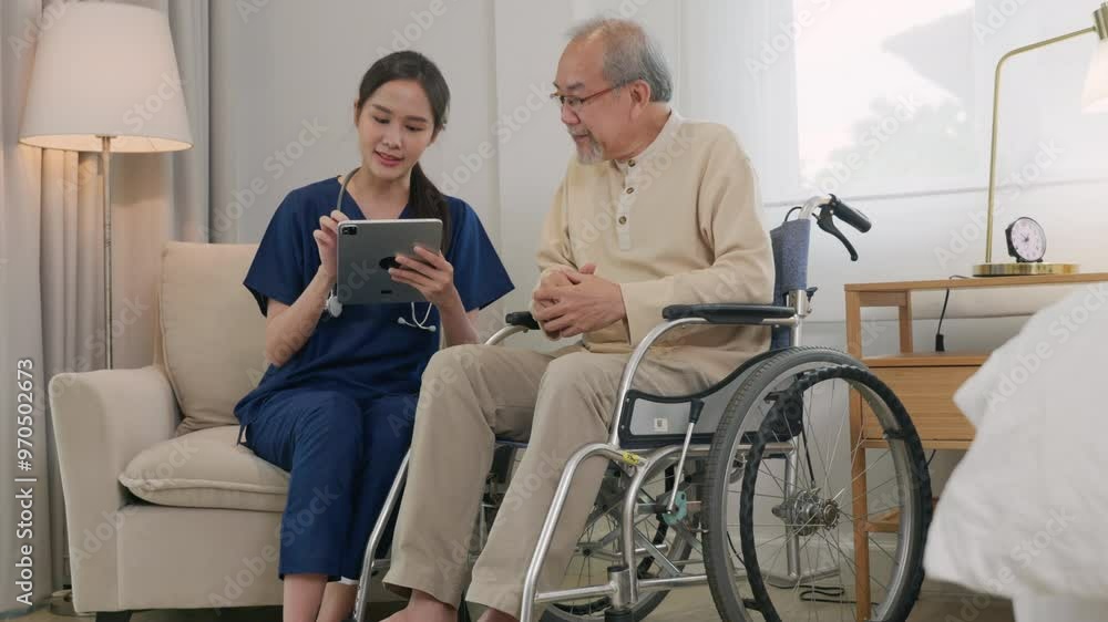 Asian woman doctor nursing holding digital tablet with patients chart while talking and explain for results of treatment to patient old man sitting in wheelchair, Health care and medical Asian woman doctor nursing holding digital tablet with patients chart while talking and explain for results of treatment to patient old man sitting in wheelchair, Health care and medical