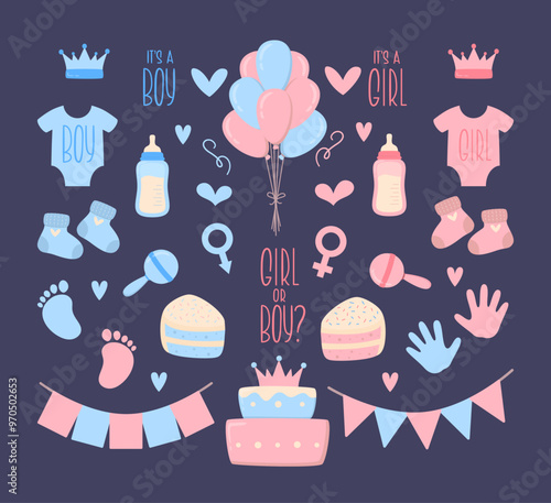 Gender Reveal Party Design Elements Set. Vector Illustration of Pink and Blue Bodysuits, Cake Pieces, Balloons, Baby Booties, Bottles with Milk, Beanbags, Footprints, Hand Palms.