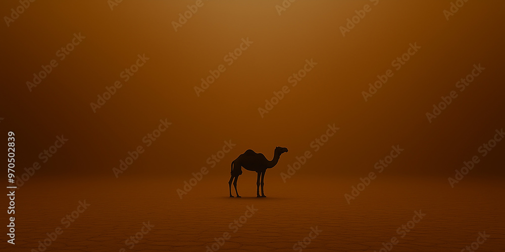 Silhouette of a camel standing in hazy golden desert at dusk, minimalist scene Silhouette of a camel standing in hazy golden desert at dusk, minimalist scene