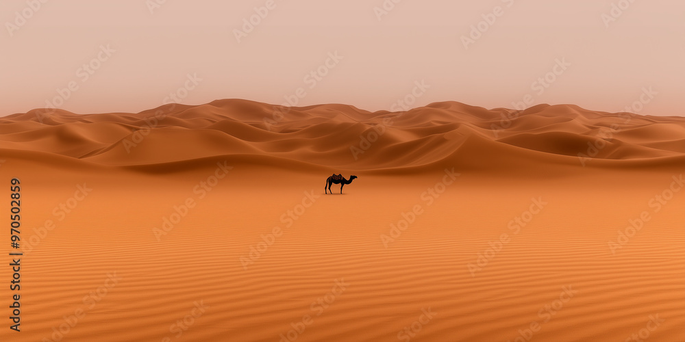 Black camel walking alone in expansive orange desert dunes at sunset Black camel walking alone in expansive orange desert dunes at sunset