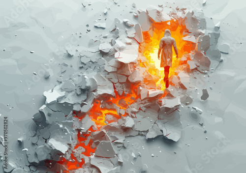Man Breaking Through Walls Towards Goals - 3D Render Concept Illustration of Overcoming Obstacles in Minimalistic Style, Vivid Flames, Determination, Success Journey, Motivational Art