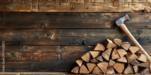 Axe positioned on a timber log next to a pile of firewood. photo