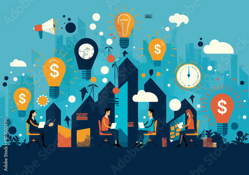 Team Strategy and Growth Concept Illustration: Business Collaboration, Innovation, and Financial Success in a Minimalistic Style, Featuring Office Workers, Light Bulbs, and Dollar Signs