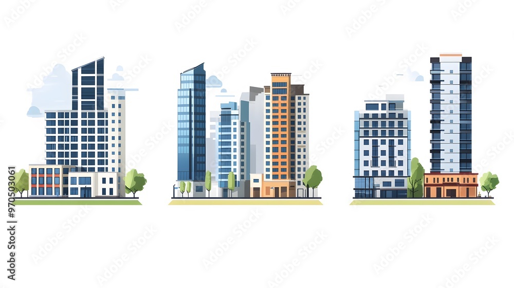 Fototapeta premium Three Modern Skyscrapers with Green Space