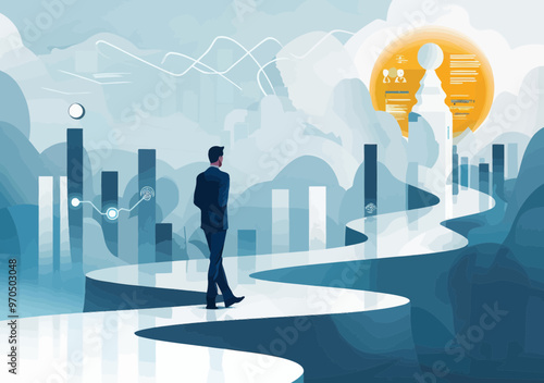 Businessman Planning Strategy with Data Analytics Charts and Graphs on Curved Path in Futuristic Abstract Landscape for Successful Business Growth and Innovation