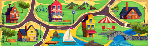 Abstract map of city and village with road, vintage houses and street cafe table, wooden benches and streetlights, sail boat in river and bike, stone bridge and fence, green trees and mountains.