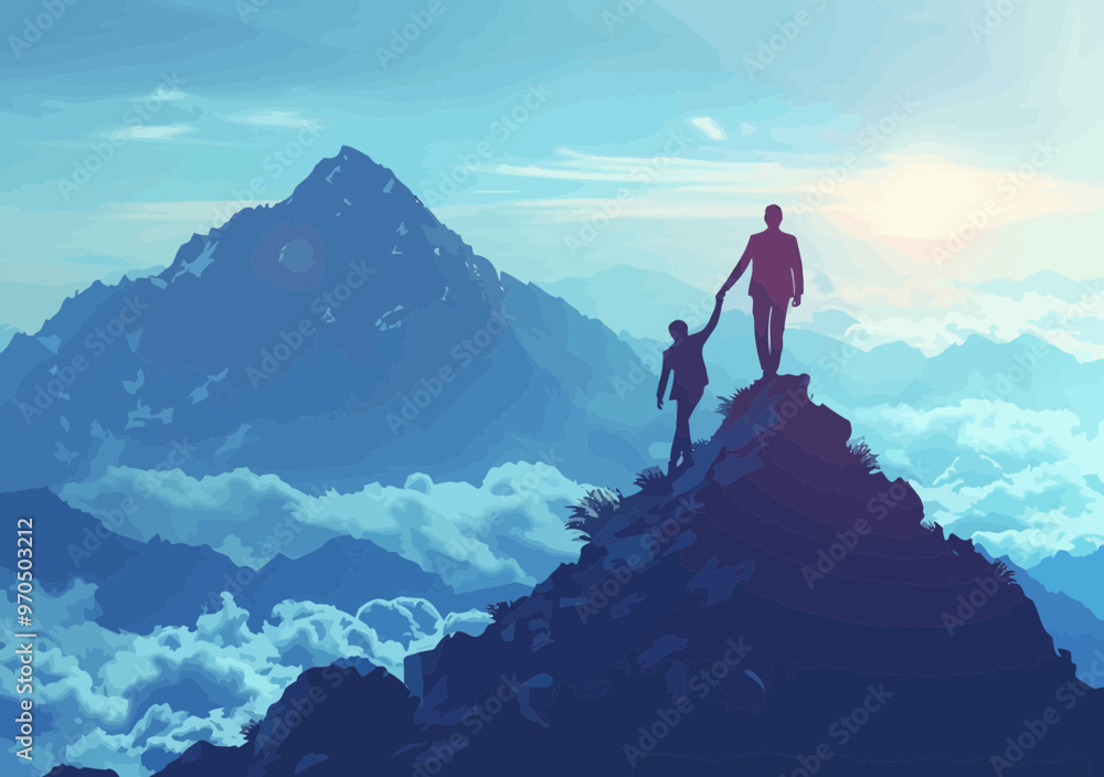 Fototapeta premium Helping Hand in Business: Hand Lifting Businessman to Reach Goals, Minimalistic Illustration of Achieving Success, Support, Teamwork, Leadership, Inspirational, Dawn, Mountain Top, Business Concept