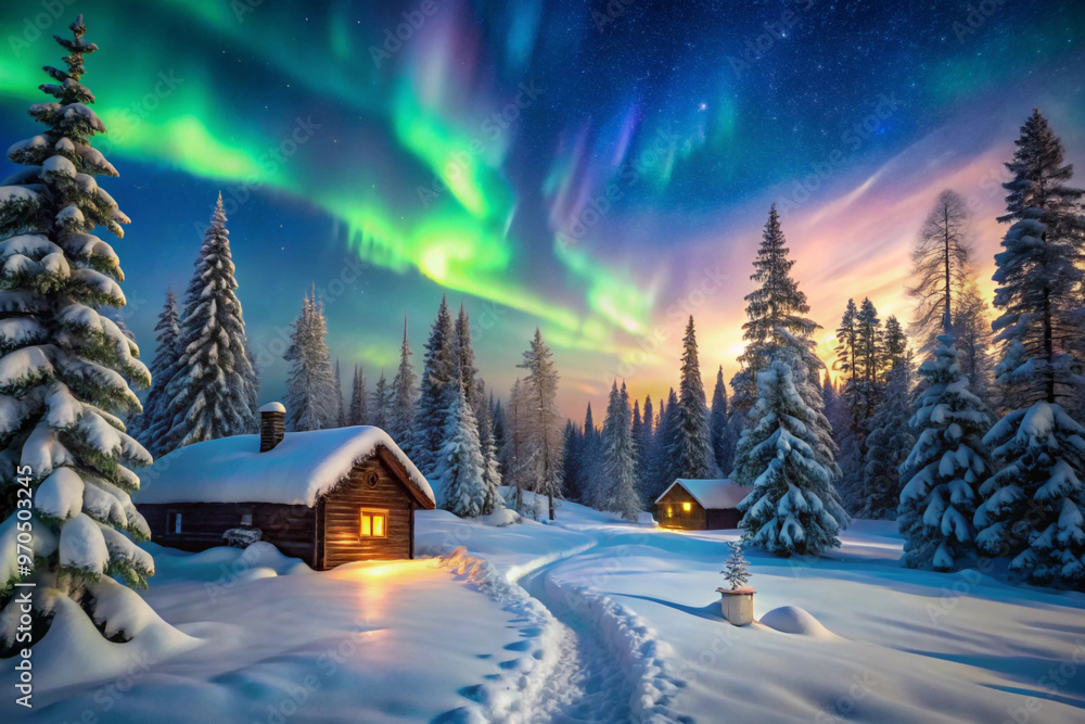 Winter landscape with house and tree. Generative AI Winter landscape with house and tree. Generative AI